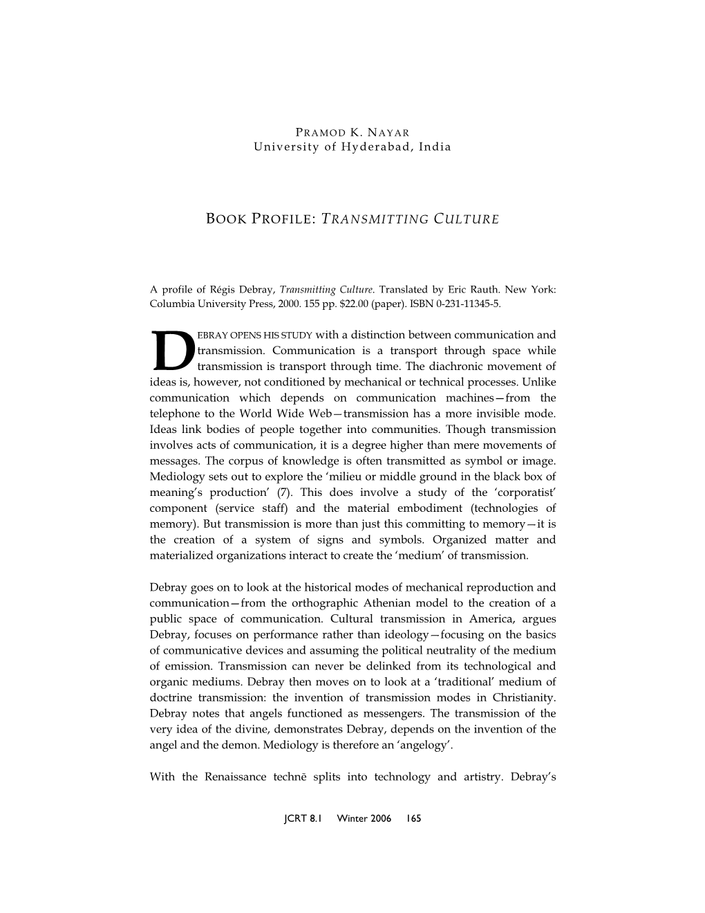 Nayar- Book Profile: Transmitting Culture