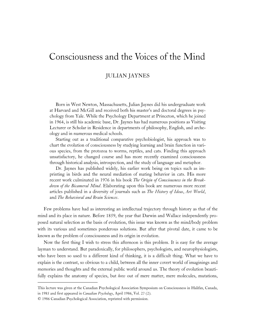 Consciousness and the Voices of the Mind1