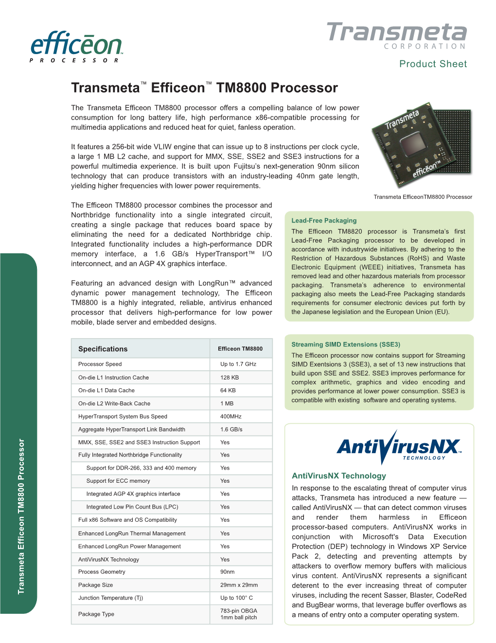 Transmeta Efficeon TM8800 Processor Mobile, Bladeserverandembeddeddesigns