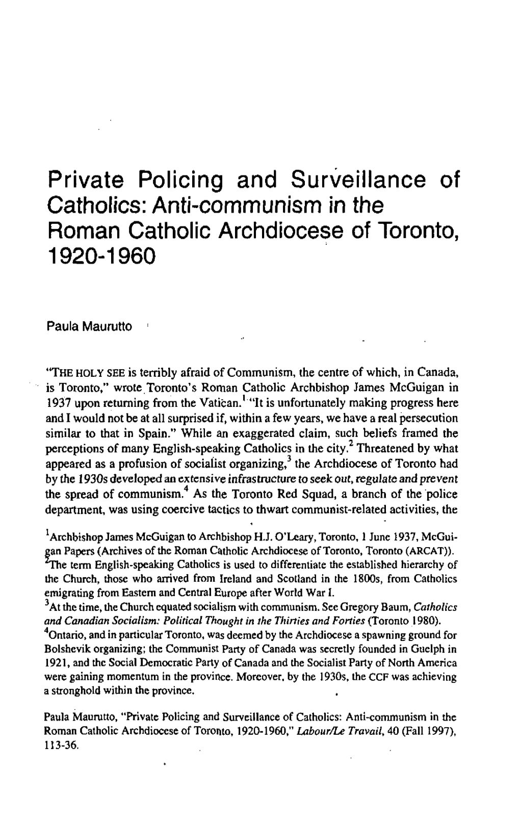 Anti-Communism in the Roman Catholic Archdiocese of Toronto, 1920-1960