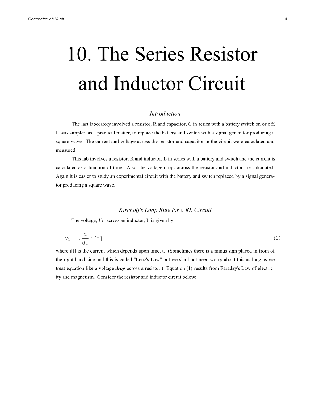 10. the Series Resistor and Inductor Circuit