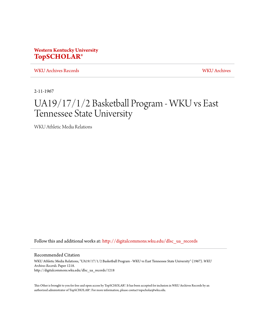 UA19/17/1/2 Basketball Program - WKU Vs East Tennessee State University WKU Athletic Media Relations