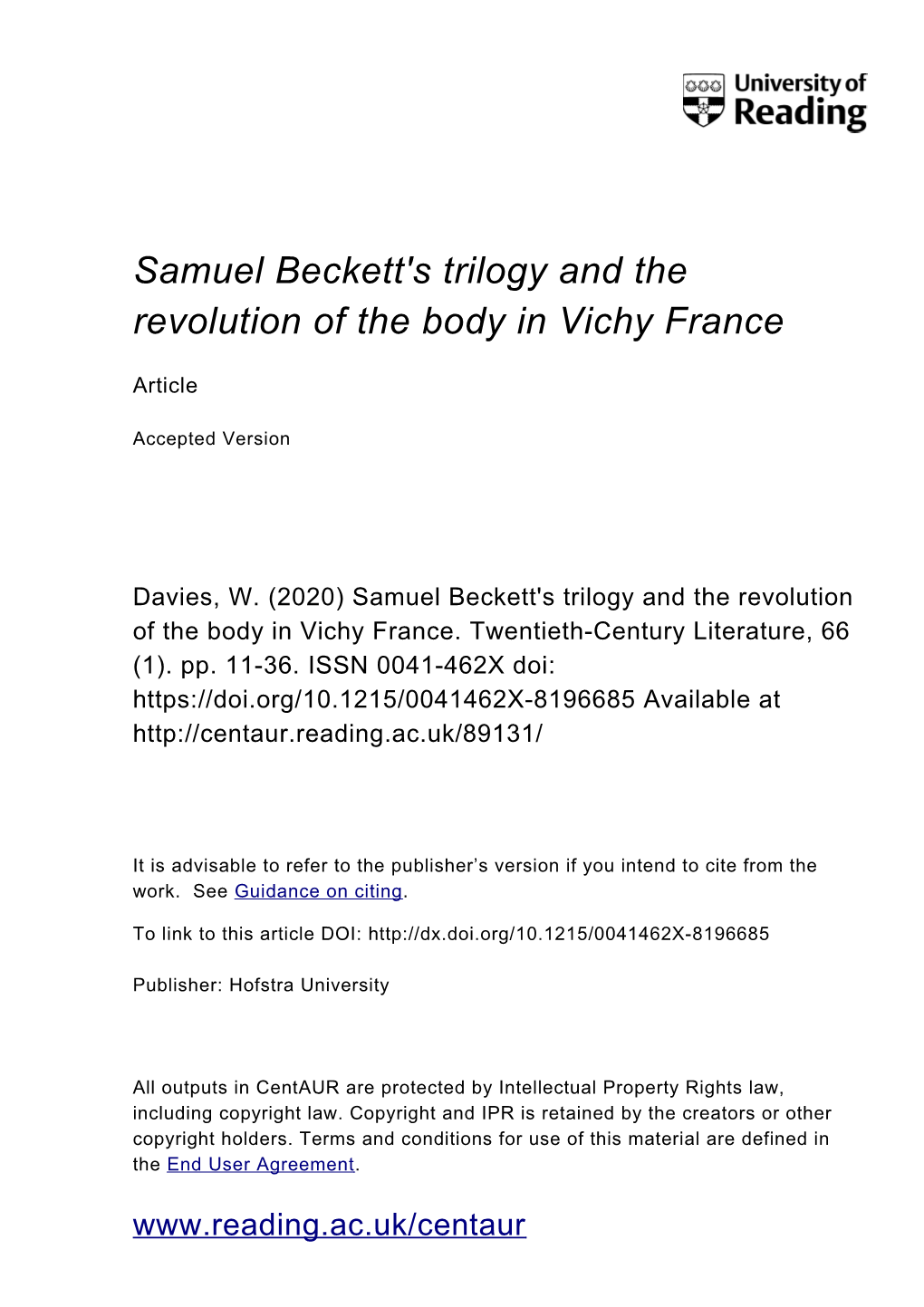 Samuel Beckett's Trilogy and the Revolution of the Body in Vichy France