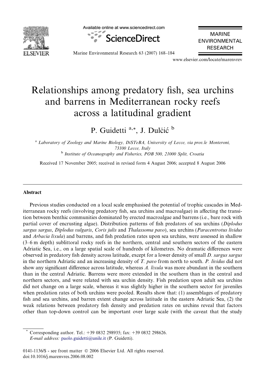 Relationships Among Predatory Fish, Sea Urchins and Barrens in Mediterranean Rocky Reefs Across a Latitudinal Gradient