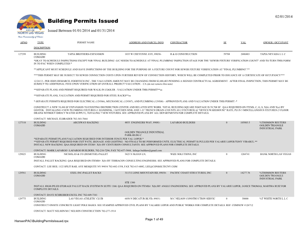 Building Permits Issued Issued Between 01/01/2014 and 01/31/2014