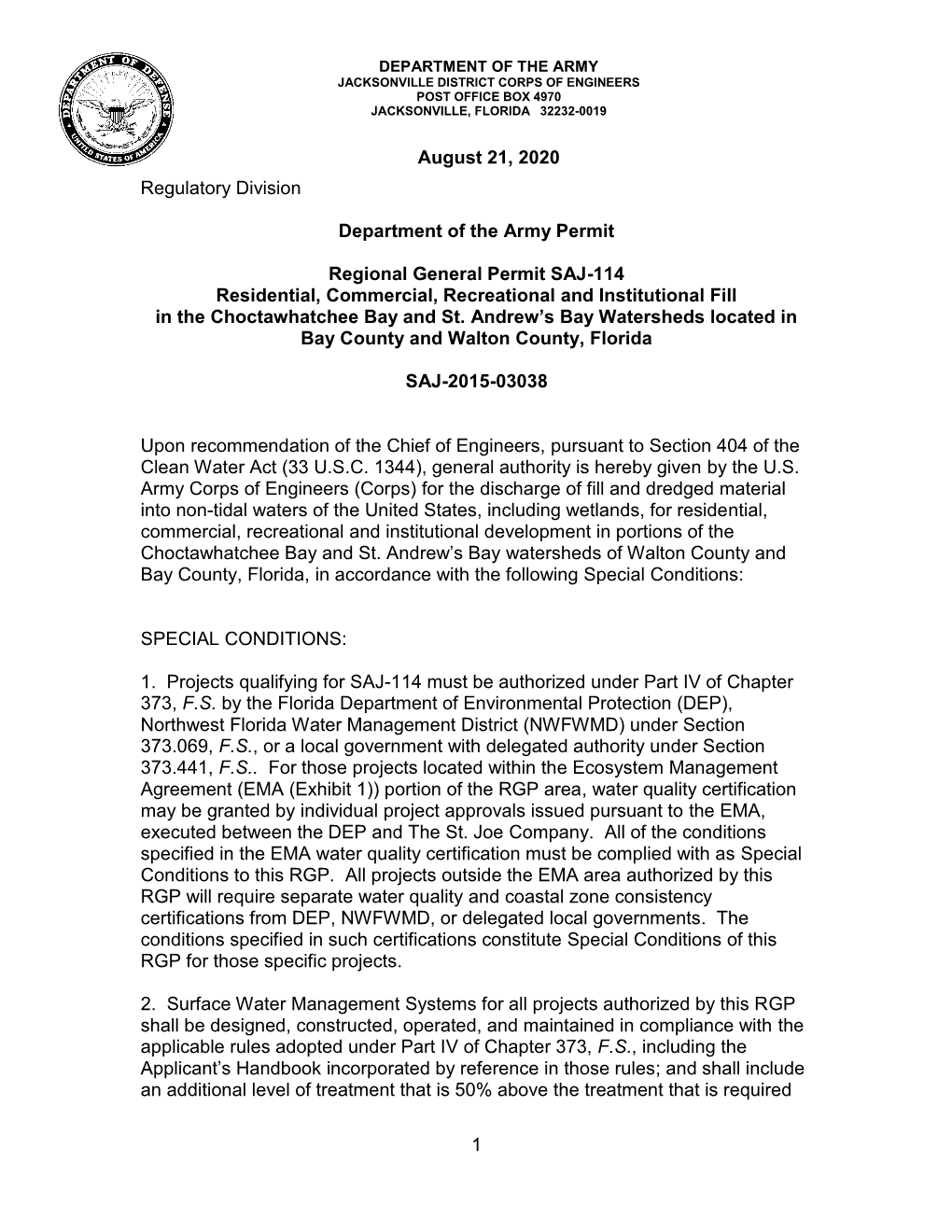 Regional General Permit SAJ-114 Residential, Commercial, Recreational and Institutional Fill in the Choctawhatchee Bay and St