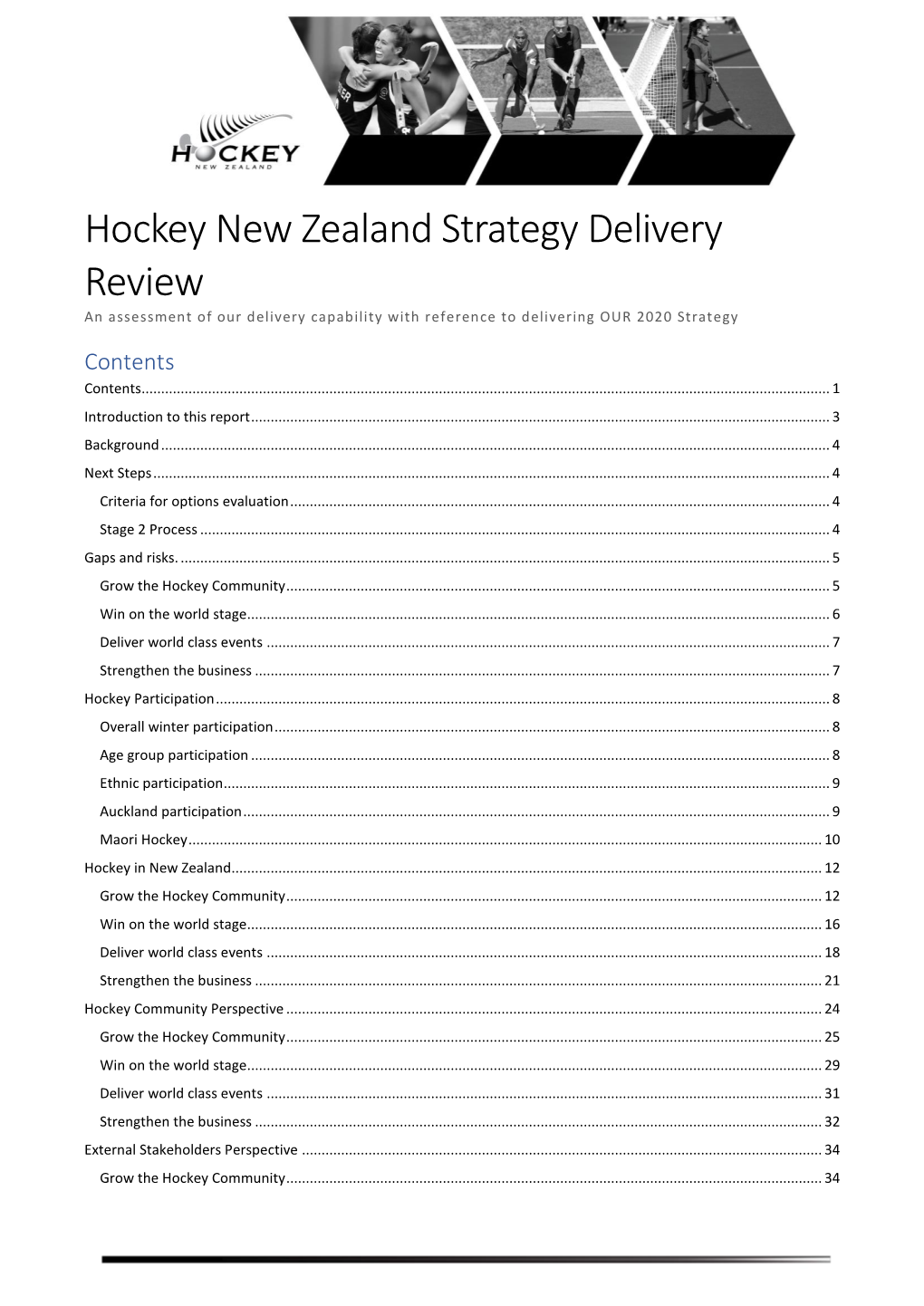 Hockey New Zealand Strategy Delivery Review an Assessment of Our Delivery Capability with Reference to Delivering OUR 2020 Strategy