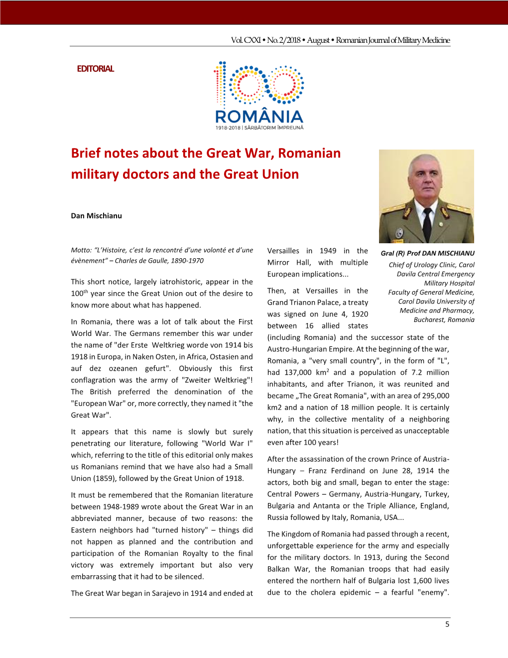 Brief Notes About the Great War, Romanian Military Doctors and the Great Union