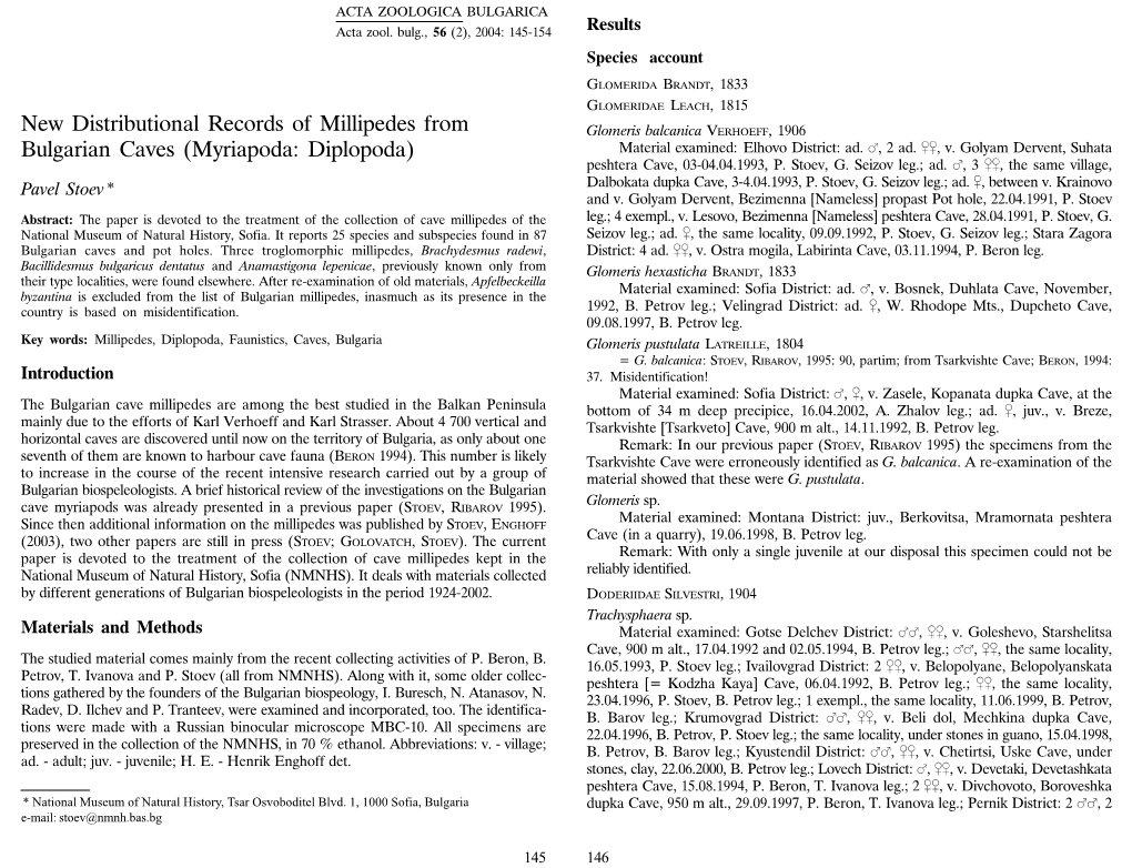 New Distributional Records of Millipedes from Bulgarian Caves (Myriapoda: Diplopoda)