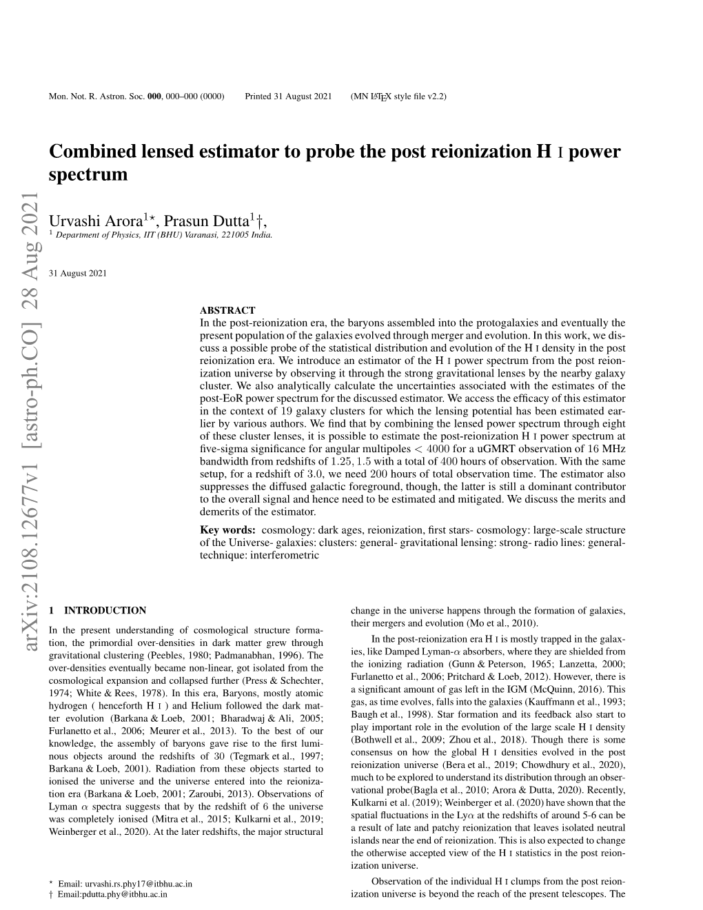 Arxiv:2108.12677V1 [Astro-Ph.CO] 28 Aug 2021 O.Nt .Ato.Soc