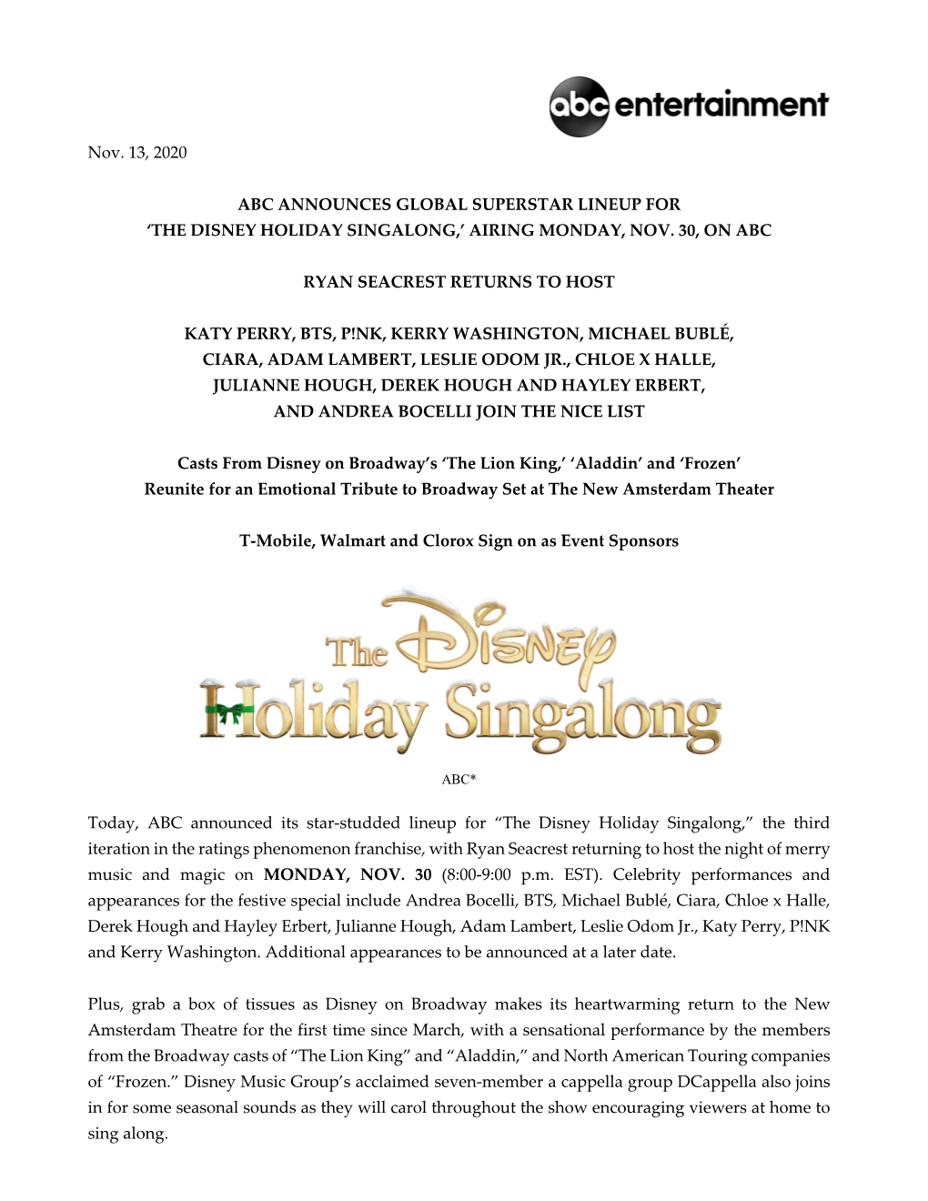 The Disney Holiday Singalong,’ Airing Monday, Nov