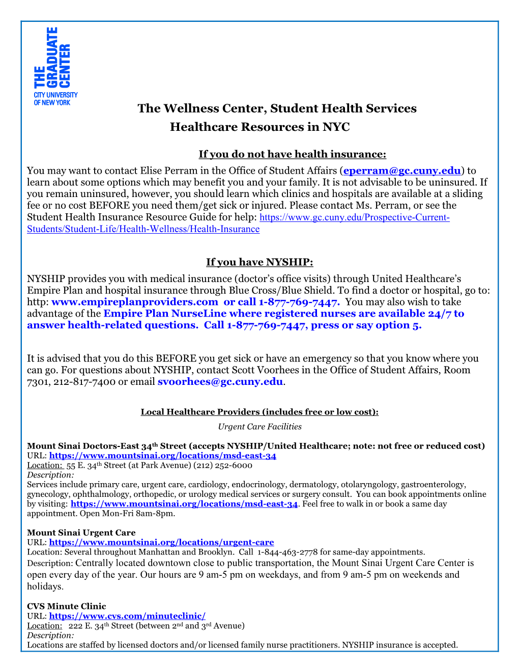 The Wellness Center, Student Health Services Healthcare Resources in NYC