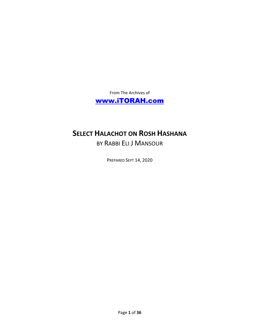 Select Halachot on Rosh Hashana by Rabbi Eli J Mansour