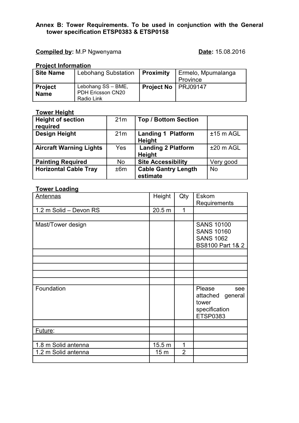 Annex B: Tower Requirements