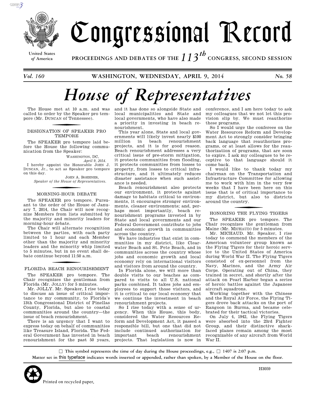 Congressional Record United States Th of America PROCEEDINGS and DEBATES of the 113 CONGRESS, SECOND SESSION