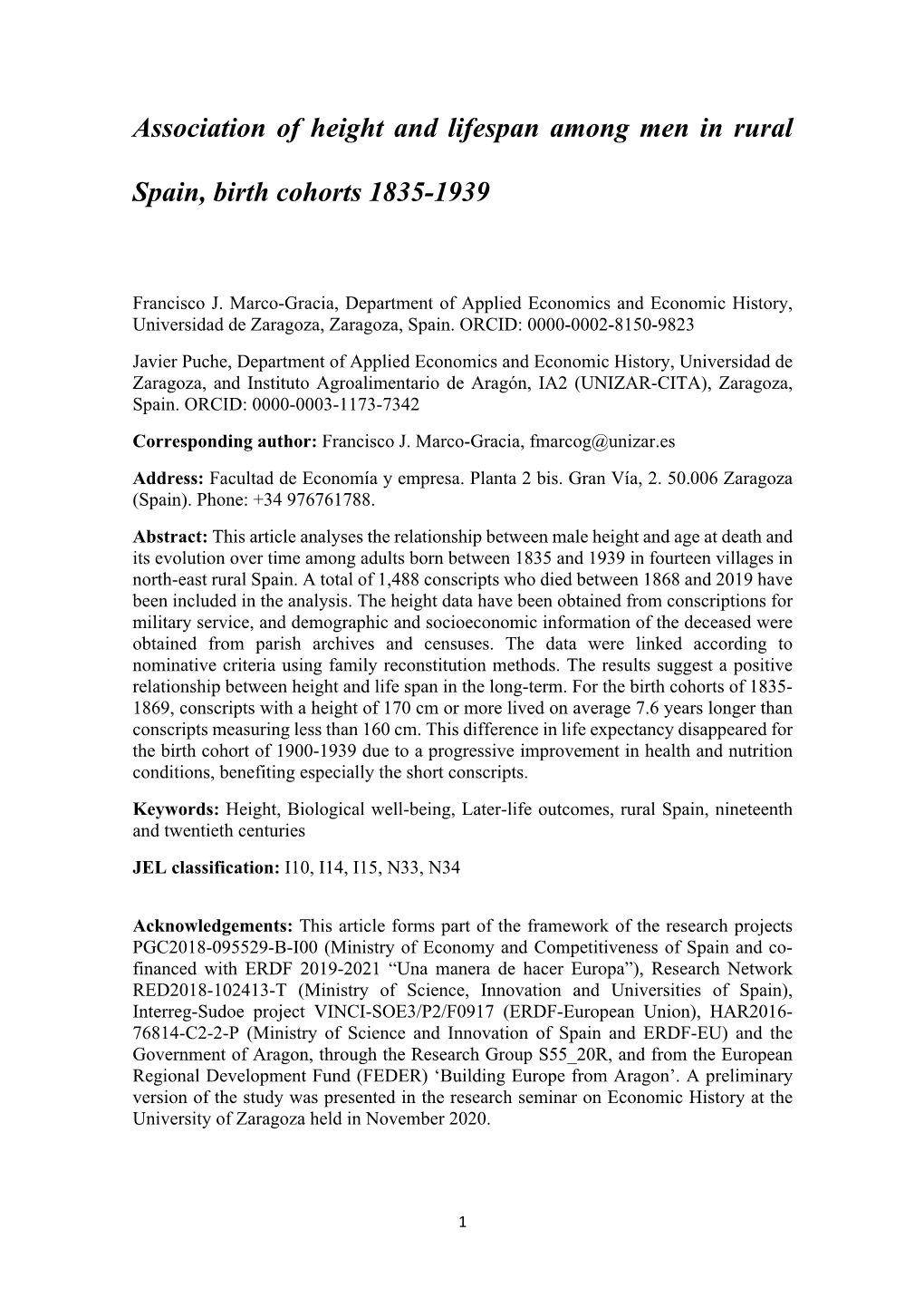 Association of Height and Lifespan Among Men in Rural Spain, Birth