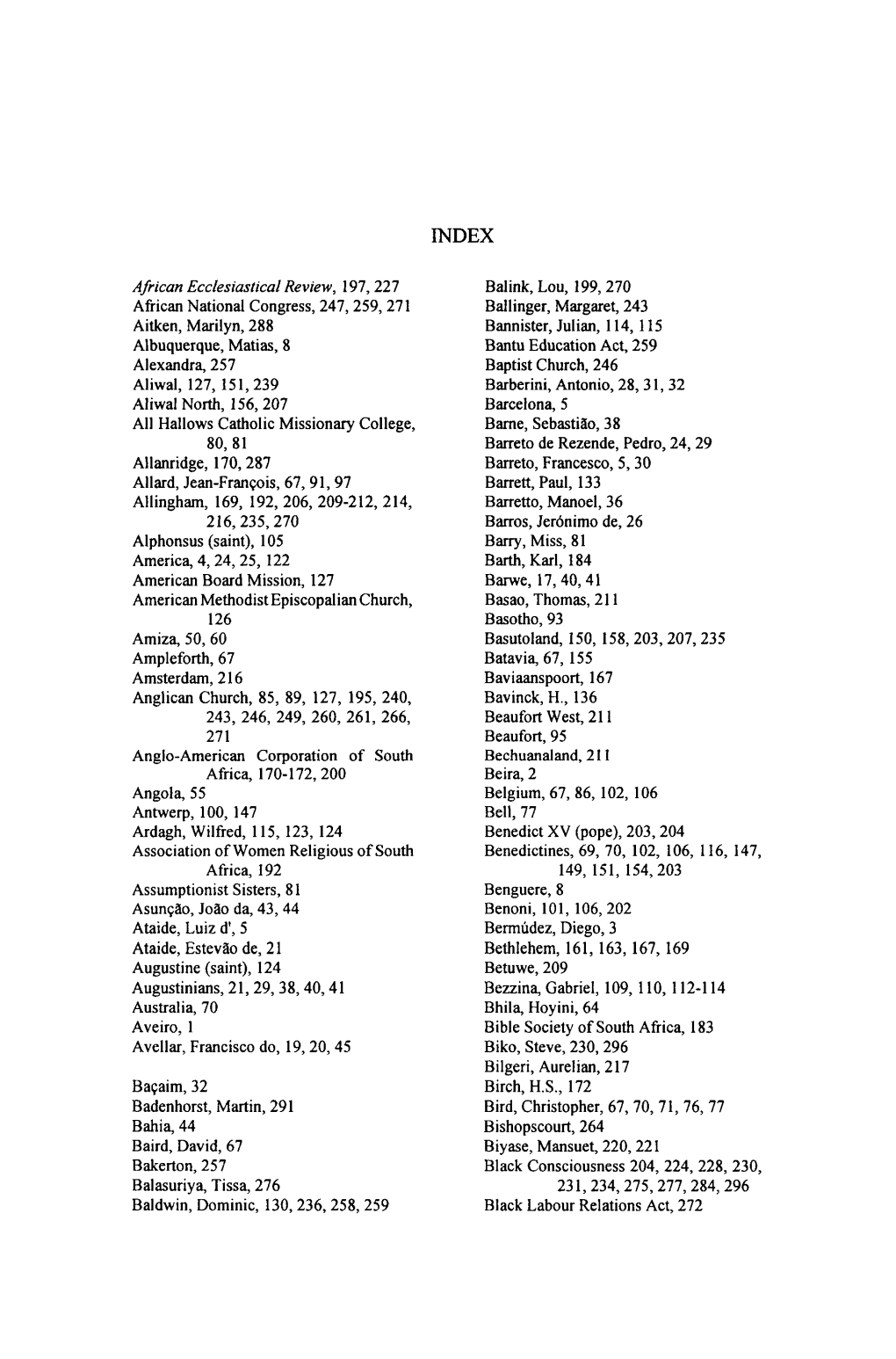 African Ecclesiastical Review, 197,227 African National Congress, 247, 259, 271 Aitken, Marilyn, 288 Albuquerque, Matias, 8 Alex