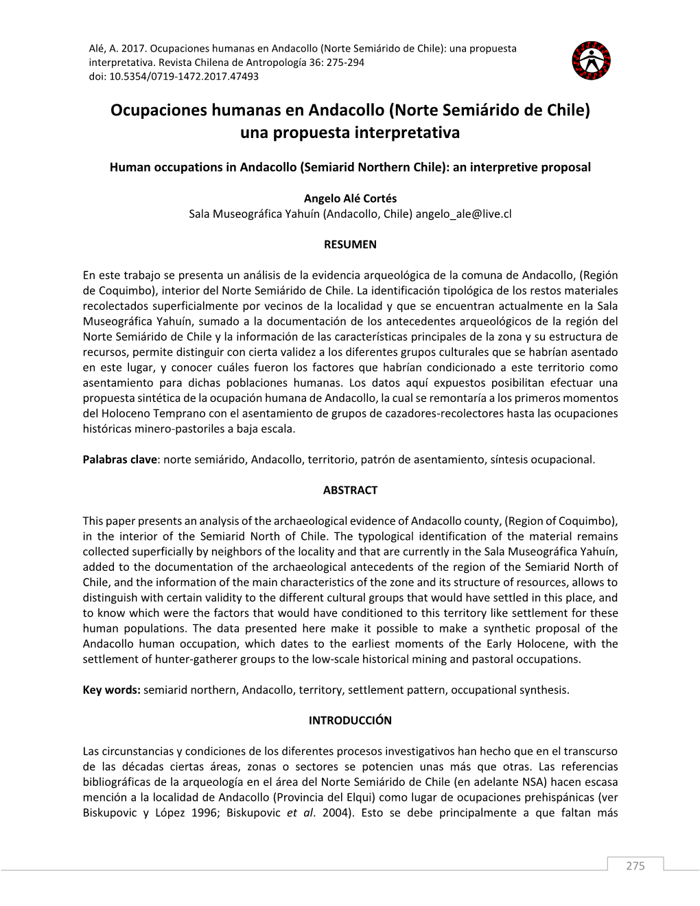 Alé, A. 2017. Ocupaciones Humanas En Andacollo (Norte Semiárido De Chile): Una Propuesta Interpretativa