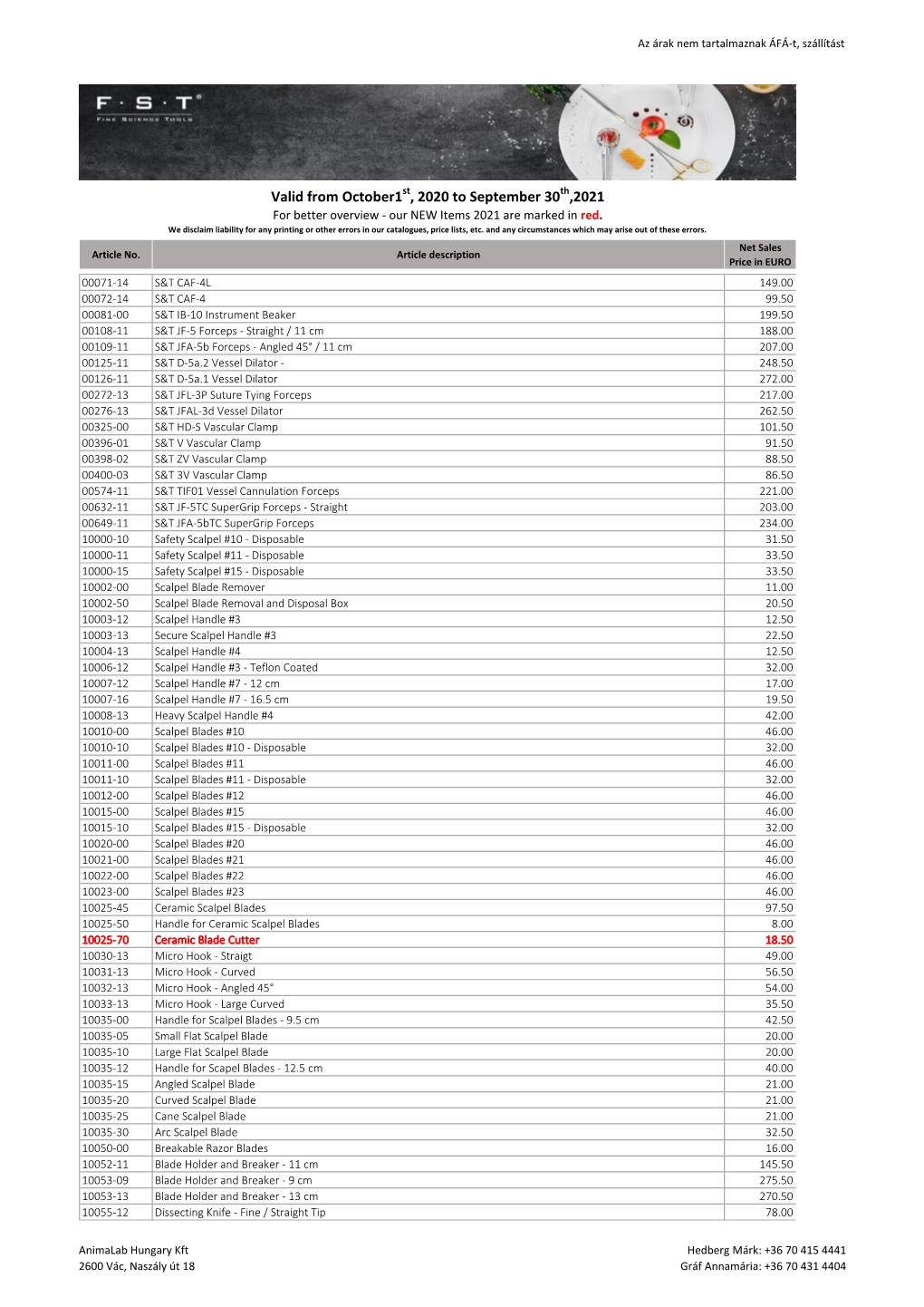 Valid from October1st, 2020 to September 30Th,2021 for Better Overview - Our NEW Items 2021 Are Marked in Red