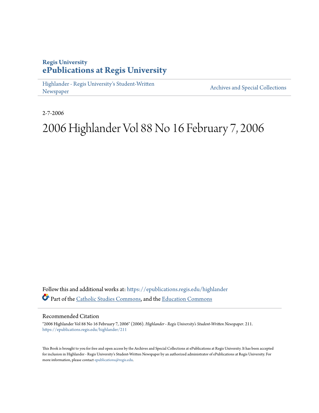 2006 Highlander Vol 88 No 16 February 7, 2006