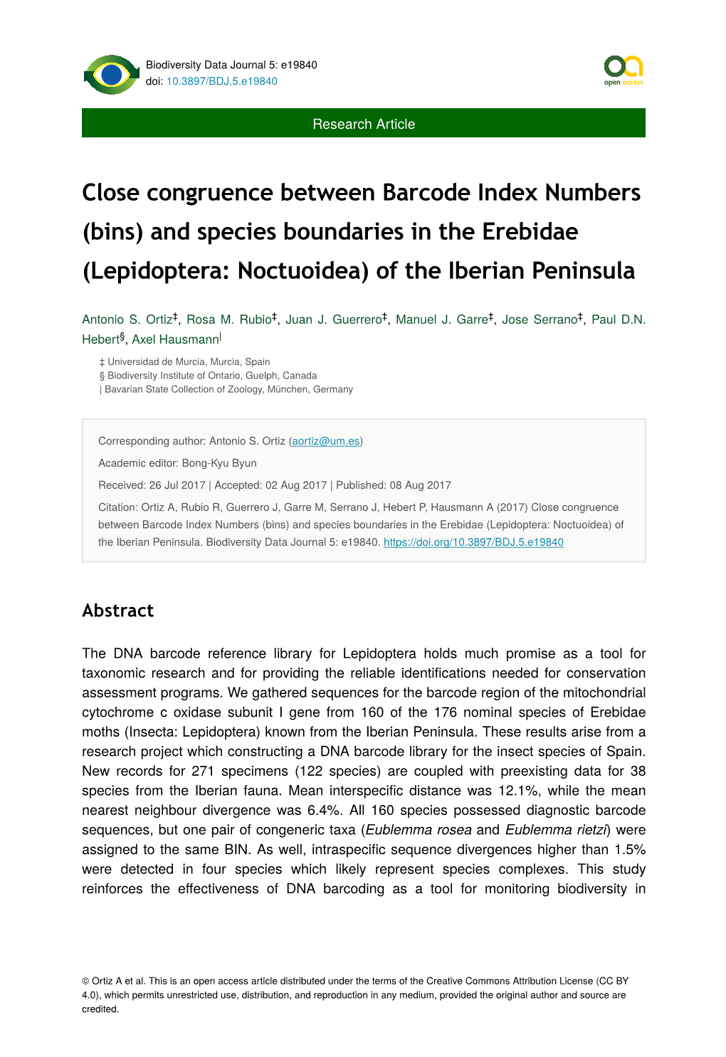 (Bins) and Species Boundaries in the Erebidae (Lepidoptera: Noctuoidea) of the Iberian Peninsula