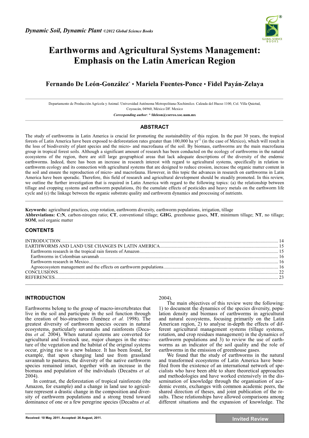 Earthworms and Agricultural Systems Management: Emphasis on the Latin American Region