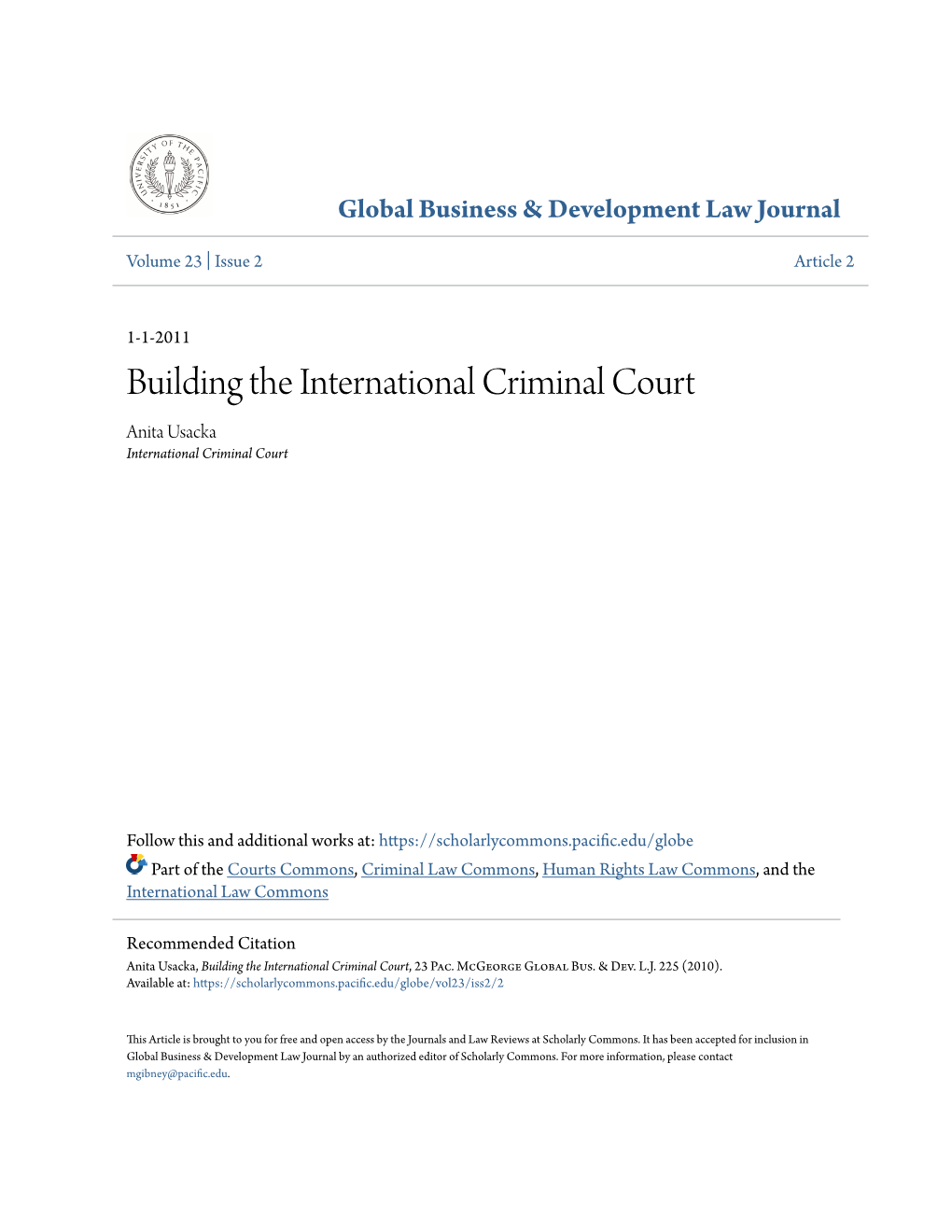 Building the International Criminal Court Anita Usacka International Criminal Court