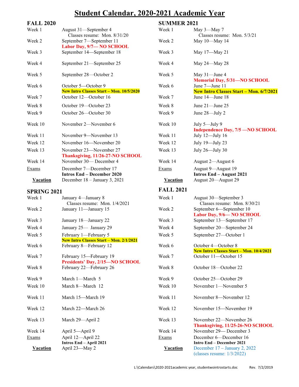 Academic Calendar