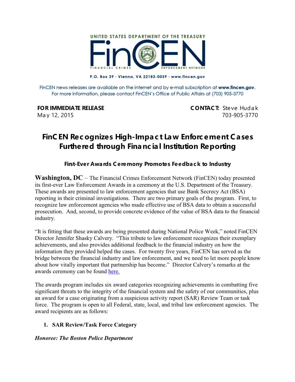 Fincen Recognizes High-Impact Law Enforcement Cases Furthered Through Financial Institution Reporting