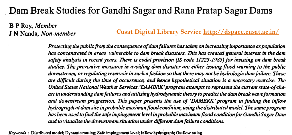 Dam Break Studies for Gandhi Sagar and Rana Pratap Sagar Dams