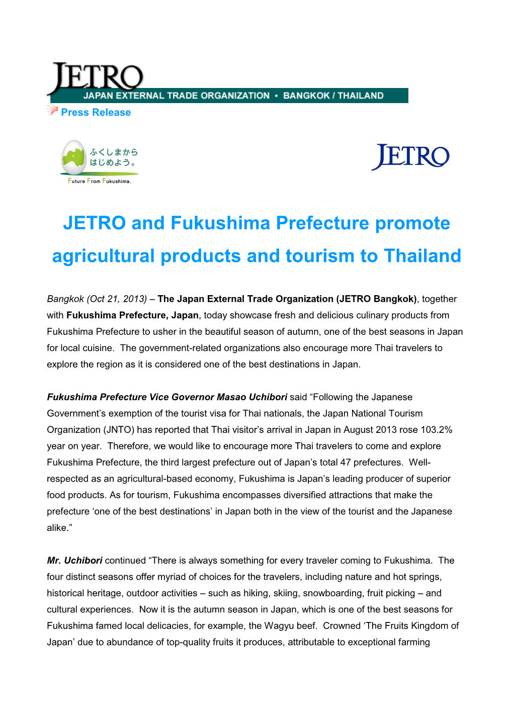 JETRO and Fukushima Prefecture Promote Agricultural Products and Tourism to Thailand