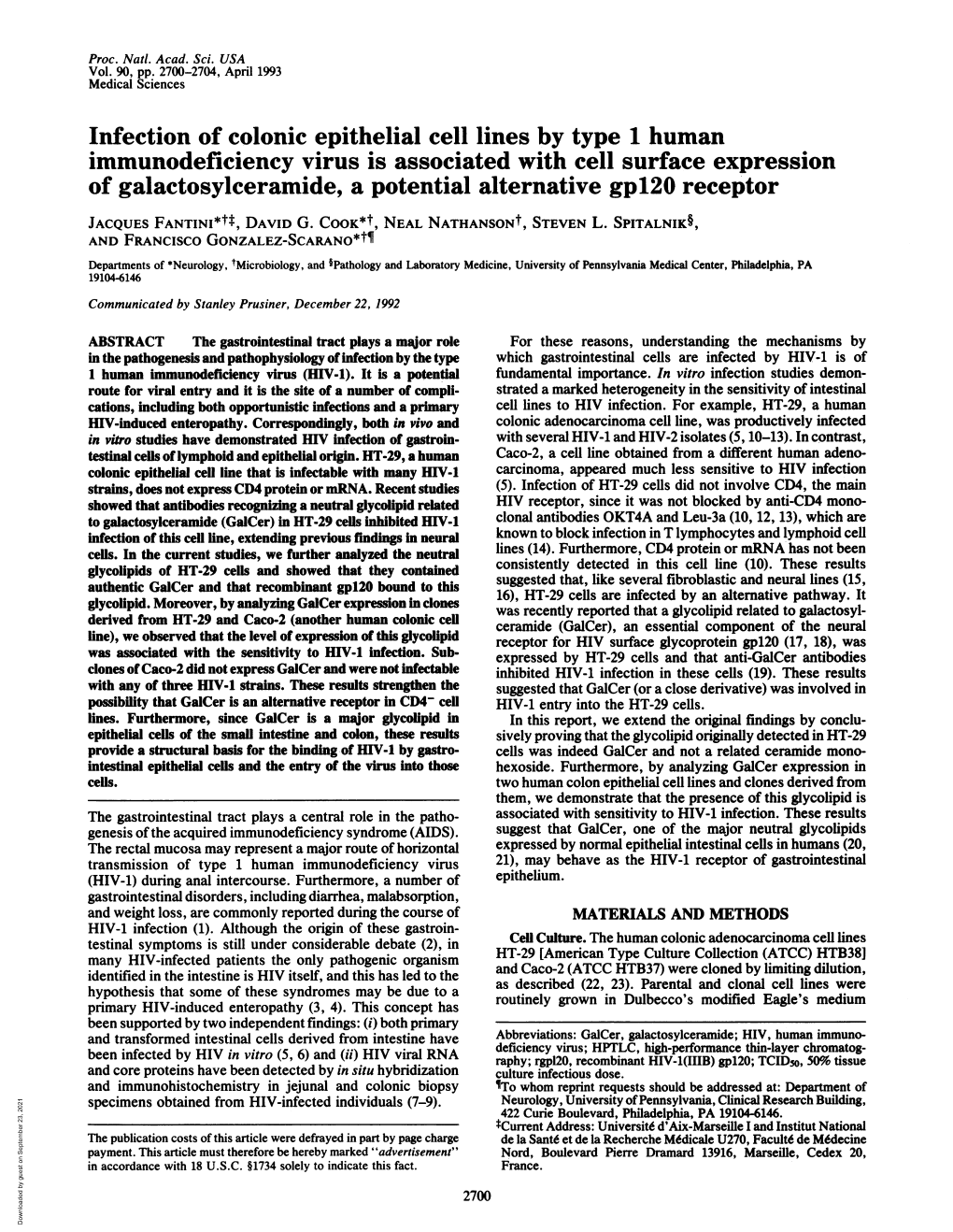 Of Galactosylceramide, a Potential Alternative Gpl20 Receptor JACQUES FANTINI*Tt, DAVID G