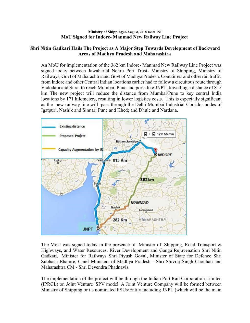 Mou Signed for Indore- Manmad New Railway Line Project Shri Nitin