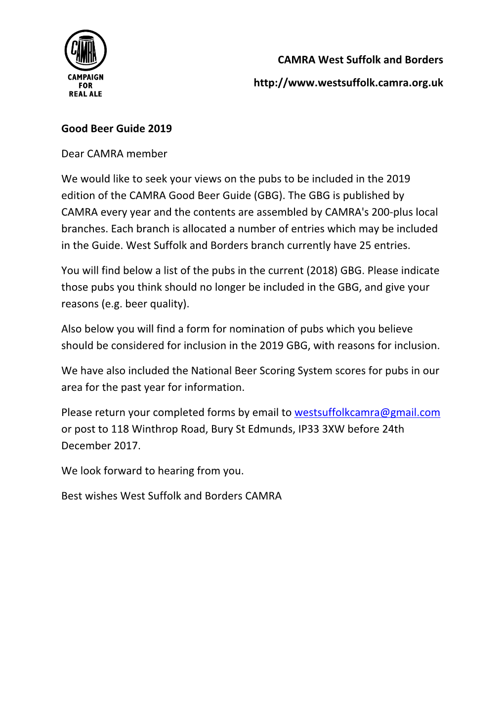 CAMRA West Suffolk and Borders Good Beer Guide 2019 Dear CAMRA Member We Would Like to Seek