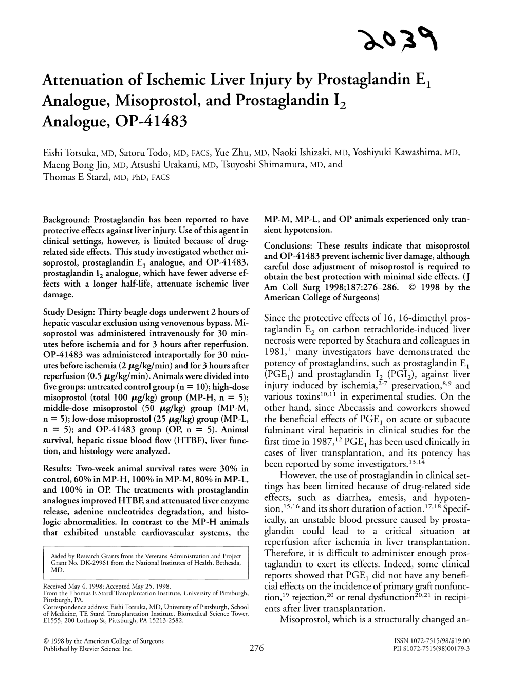 Attenuation of Ischemic Liver Injury by Prostaglandin El Analogue, Misoprostol, and Prostaglandin 12 Analogue,OP-41483