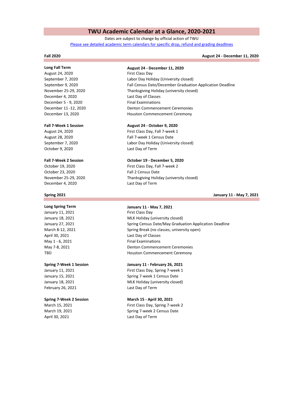 TWU Academic Calendar at a Glance, 2020-2021