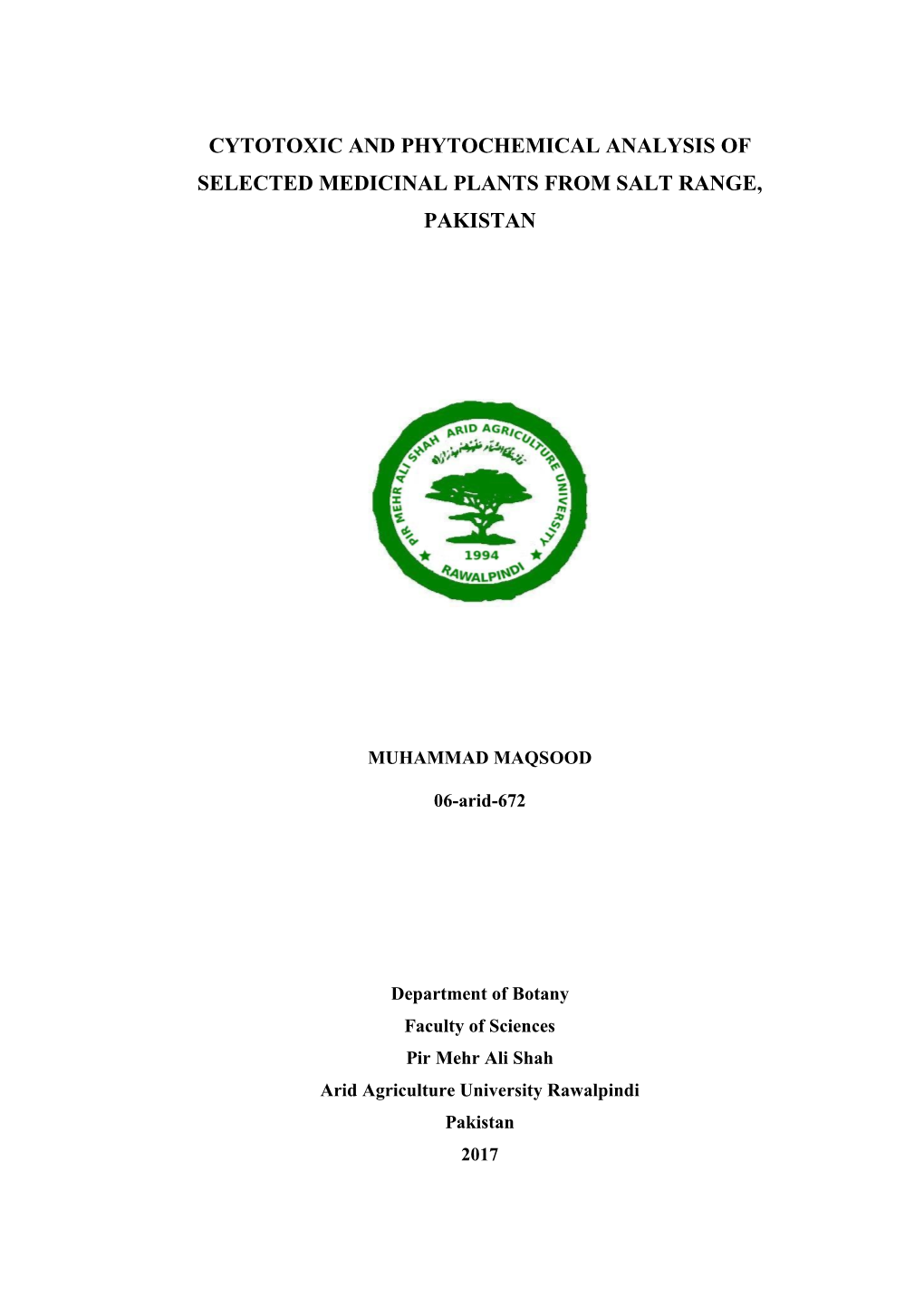 Cytotoxic and Phytochemical Analysis of Selected Medicinal Plants from Salt Range, Pakistan