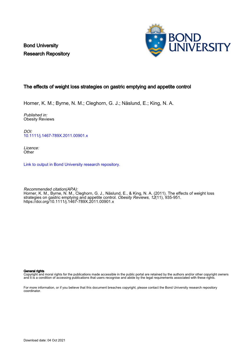 The Effects of Weight Loss Strategies on Gastric Emptying and Appetite Control