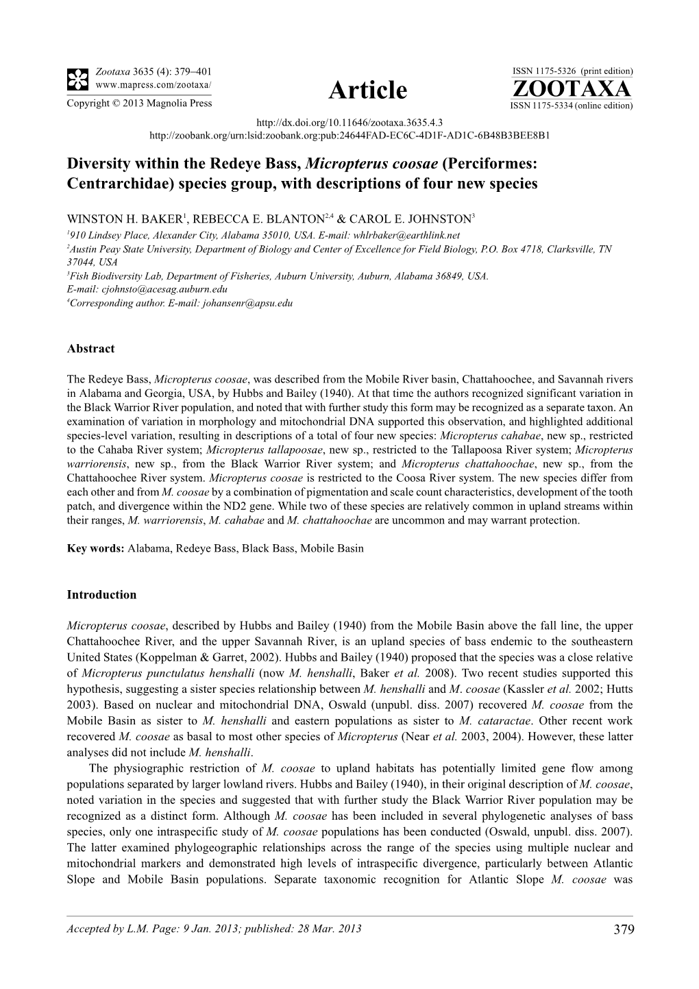 Diversity Within the Redeye Bass, Micropterus Coosae (Perciformes: Centrarchidae) Species Group, with Descriptions of Four New Species