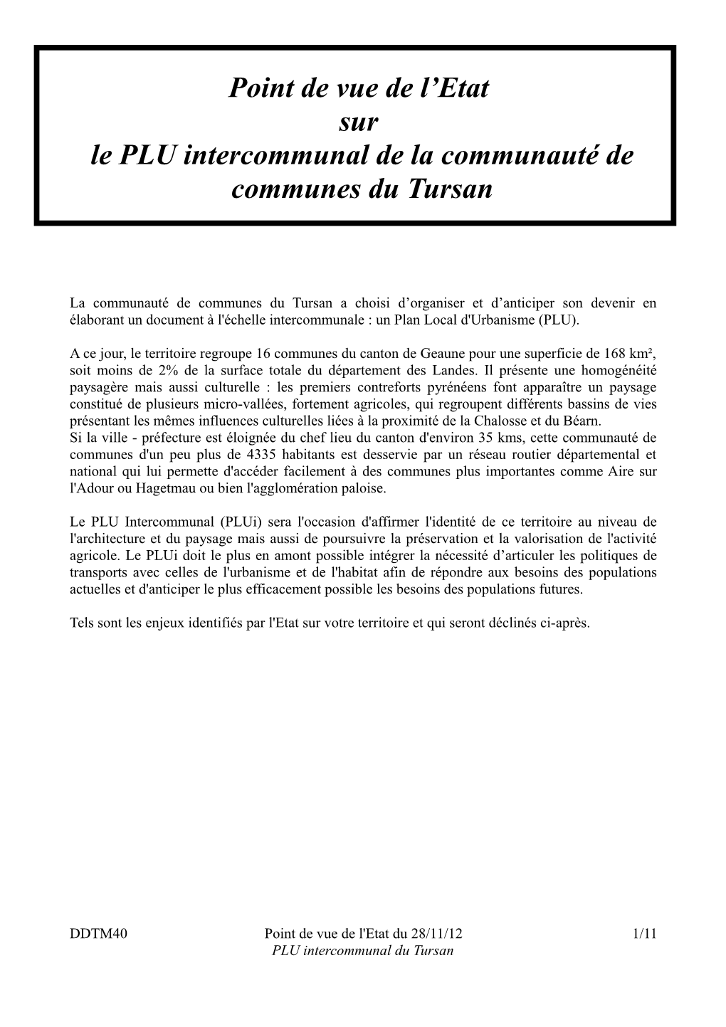 Point De Vue De L'etat Sur Le PLU Intercommunal De La Communauté