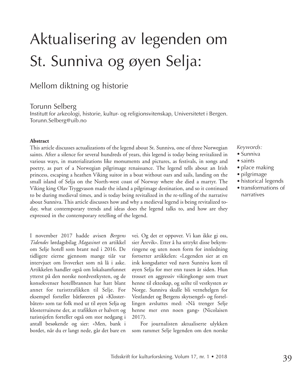 Aktualisering Av Legenden Om St. Sunniva Og Øyen Selja
