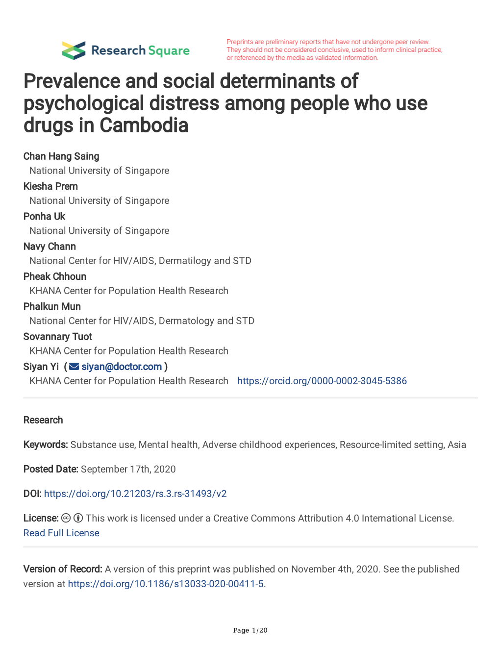 Prevalence and Social Determinants of Psychological Distress Among People Who Use Drugs in Cambodia