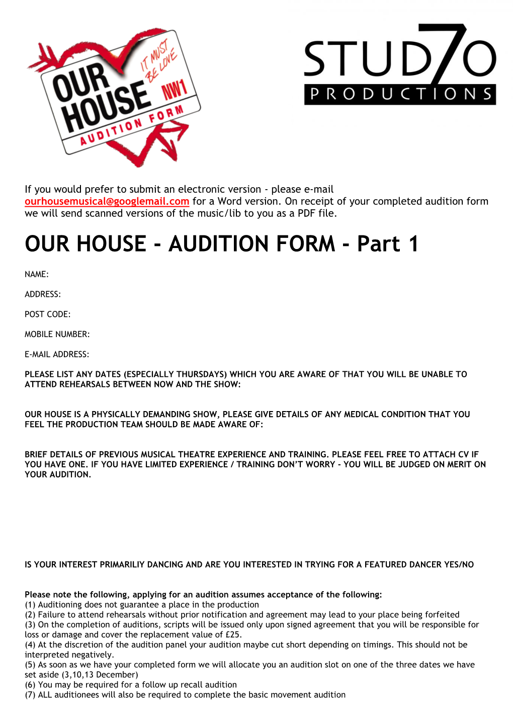 OUR HOUSE - AUDITION FORM - Part 1