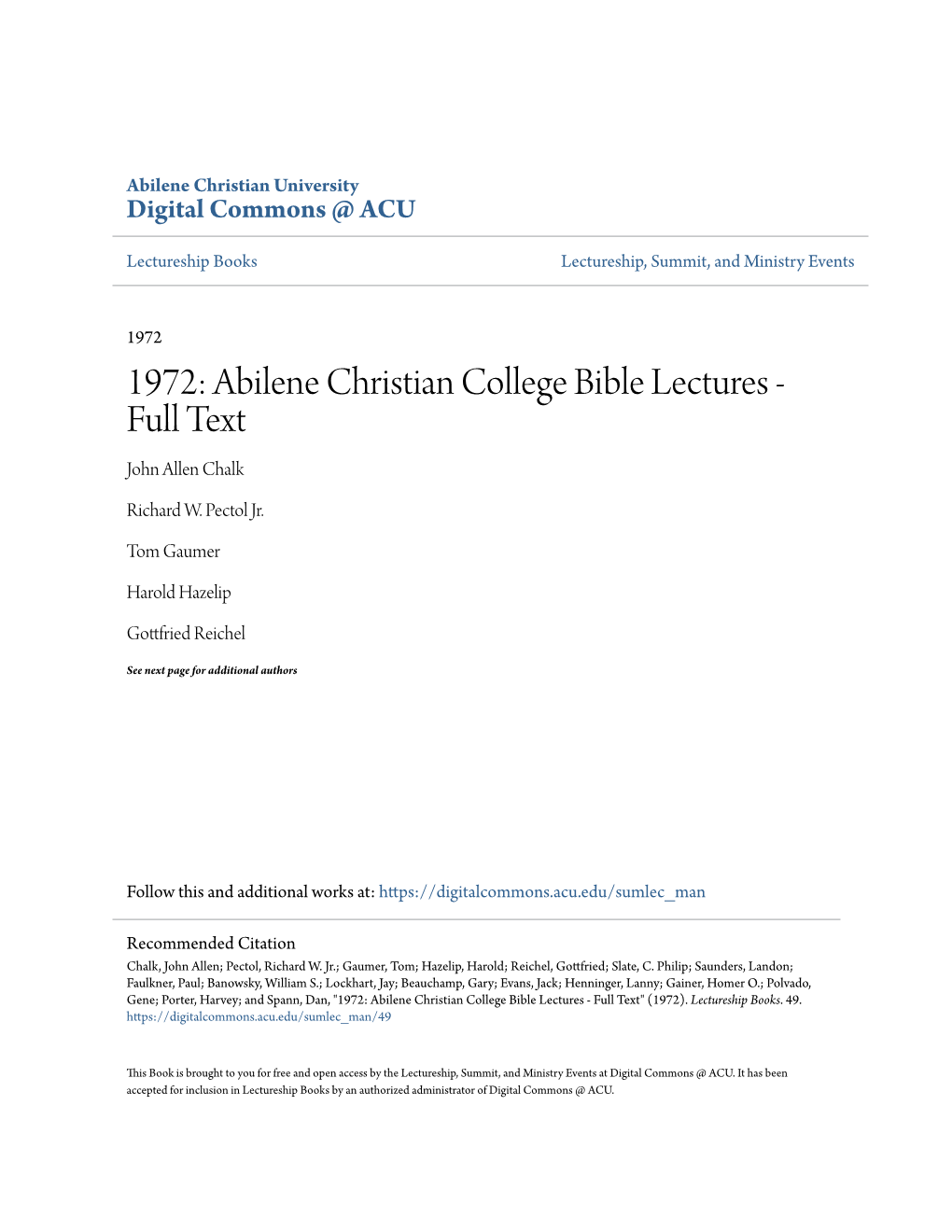 1972: Abilene Christian College Bible Lectures - Full Text John Allen Chalk