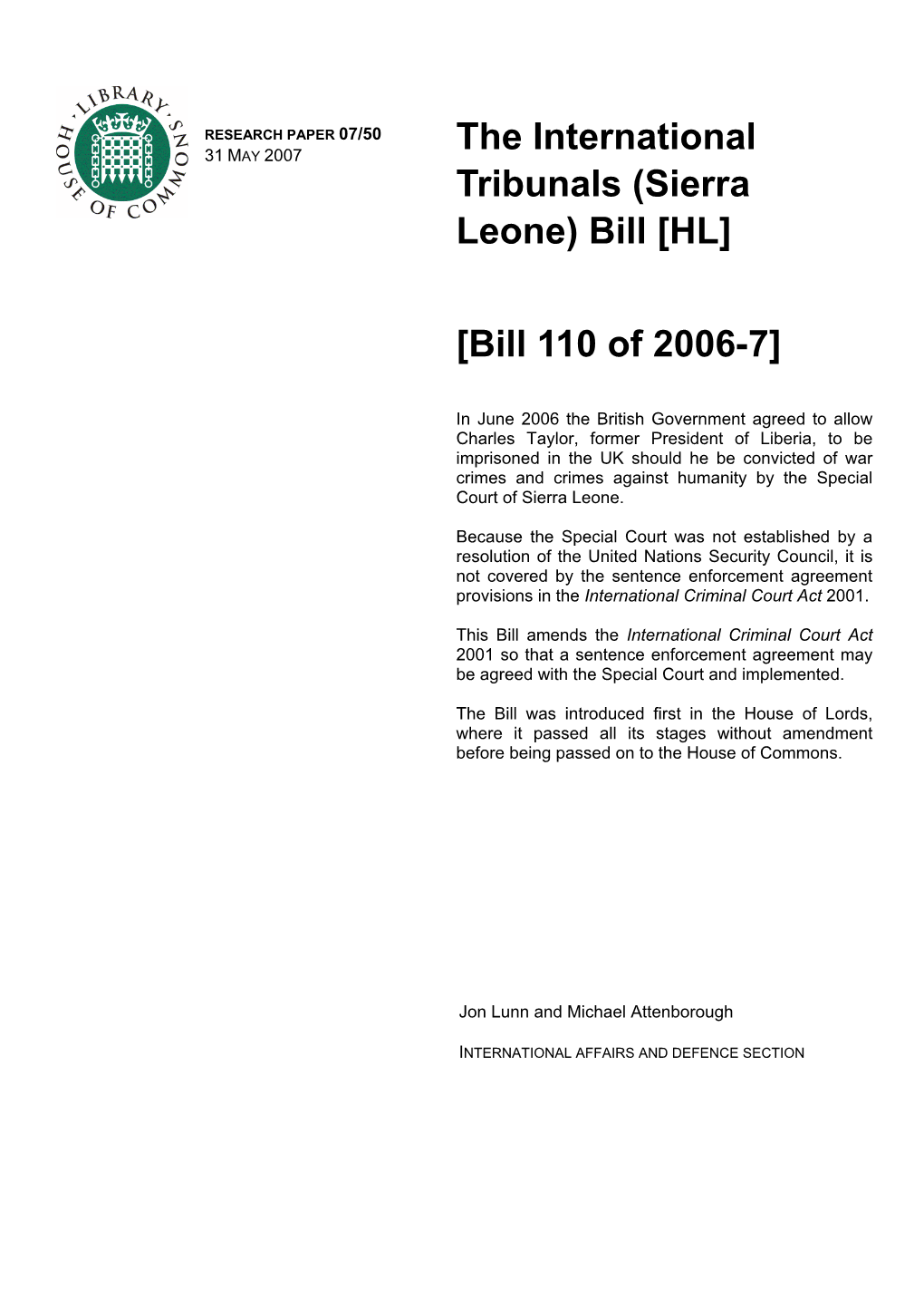 The International Tribunals (Sierra Leone) Bill [HL]