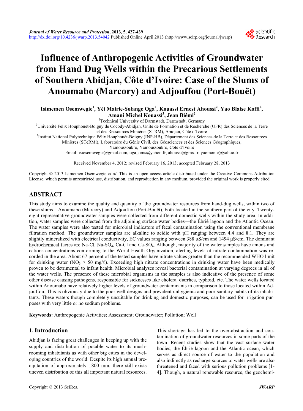 Influence of Anthropogenic Activities of Groundwater from Hand Dug Wells Within the Precarious Settlements of Southern Abidjan