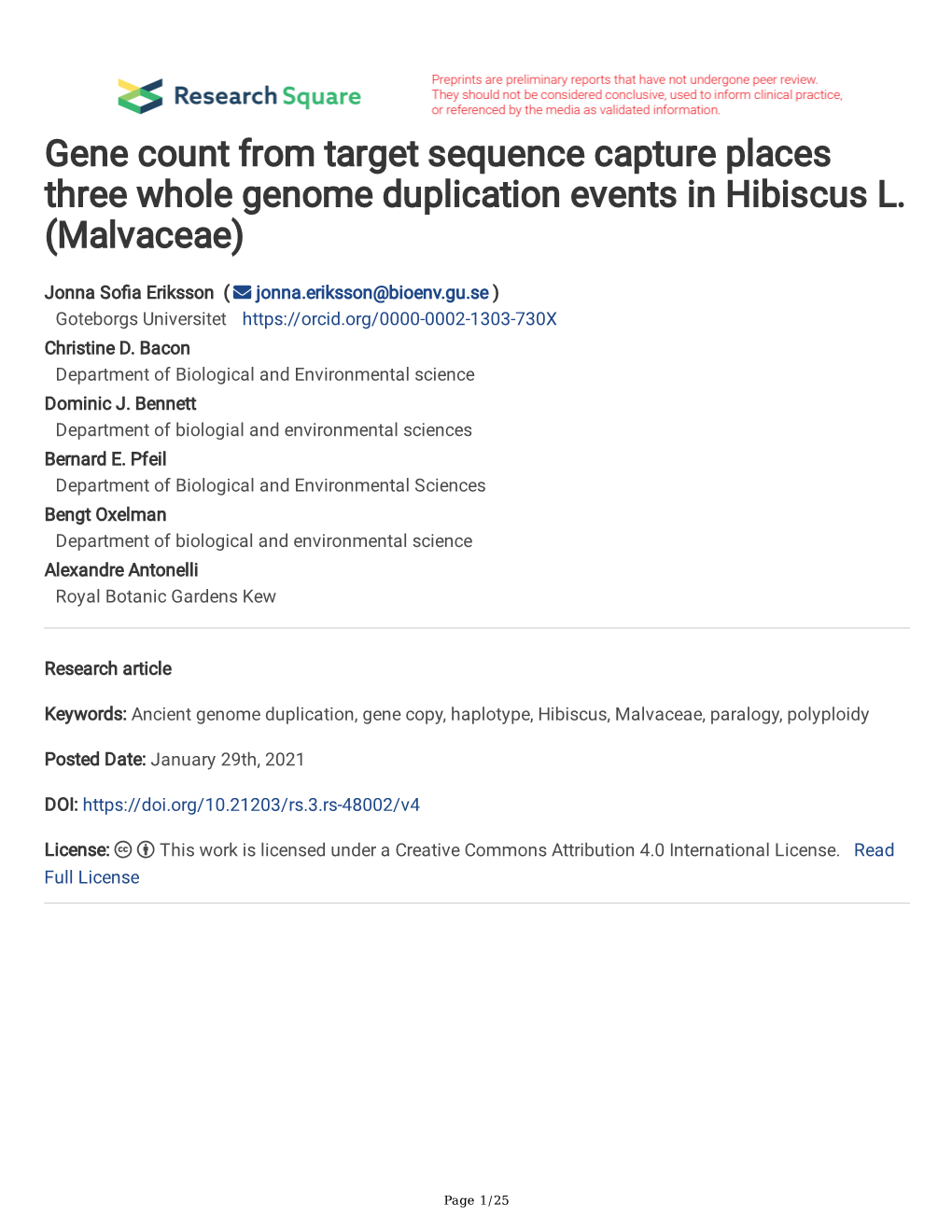 Gene Count from Target Sequence Capture Places Three Whole Genome Duplication Events in Hibiscus L