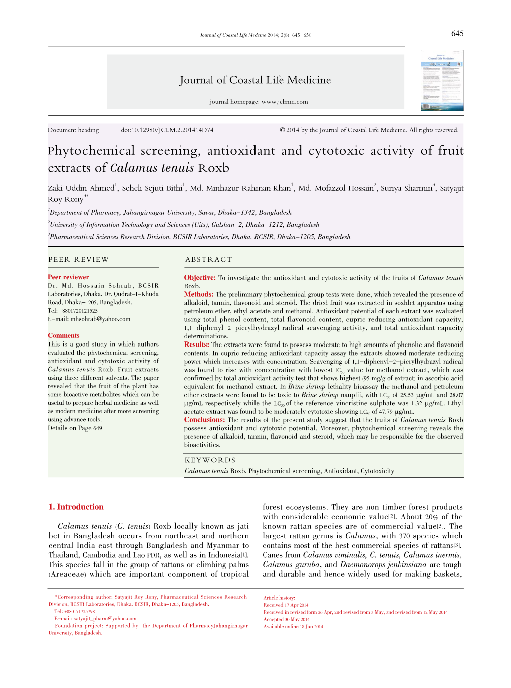 Phytochemical Screening, Antioxidant and Cytotoxic Activity of Fruit Extracts of Calamus Tenuis Roxb