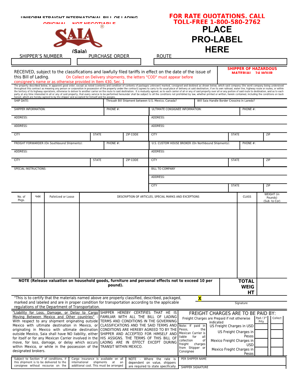 Uniform Straight International Bill of Lading