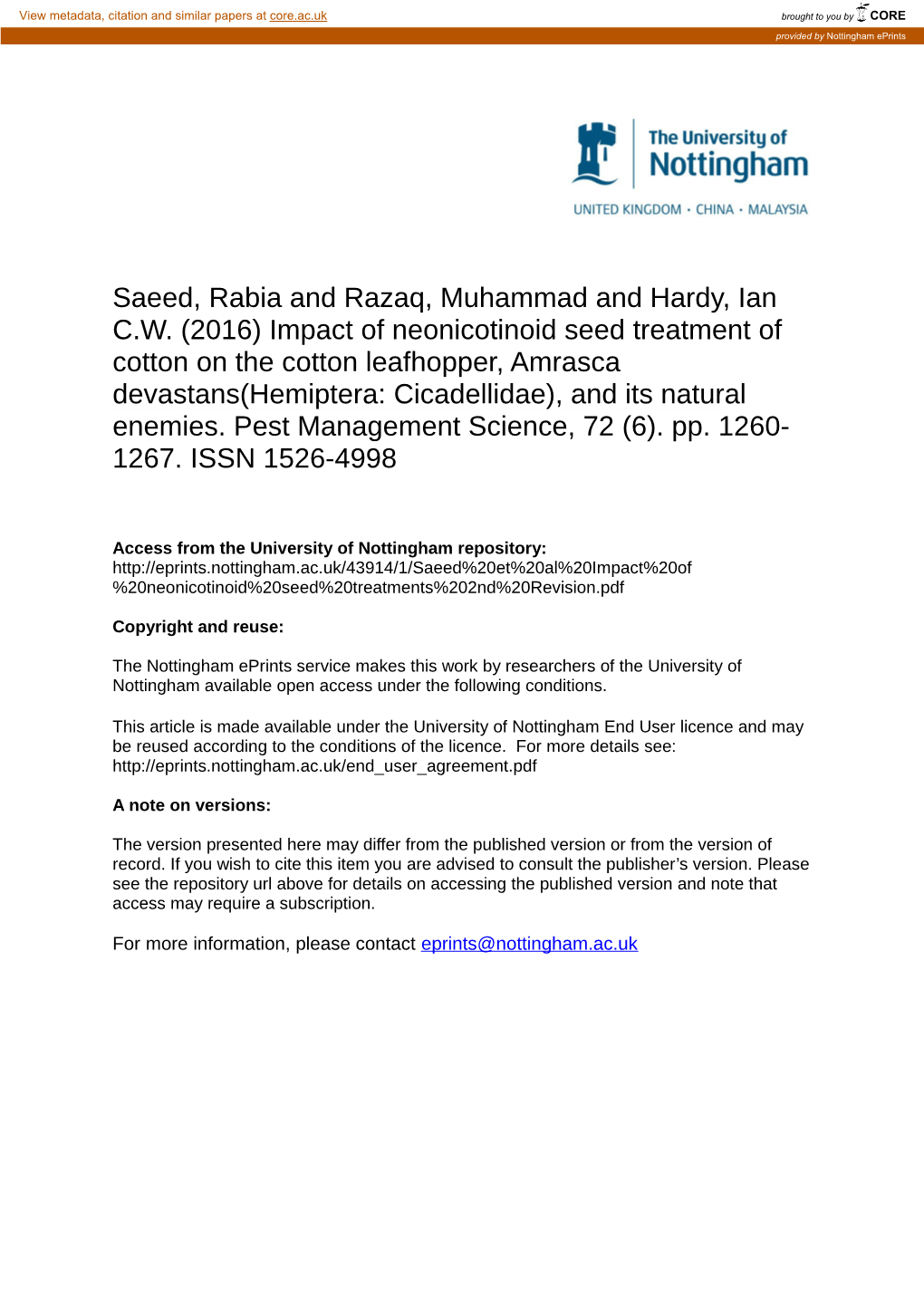 Impact of Neonicotinoid Seed Treatment of Cotton on the Cotton Leafhopper, Amrasca Devastans(Hemiptera: Cicadellidae), and Its Natural Enemies